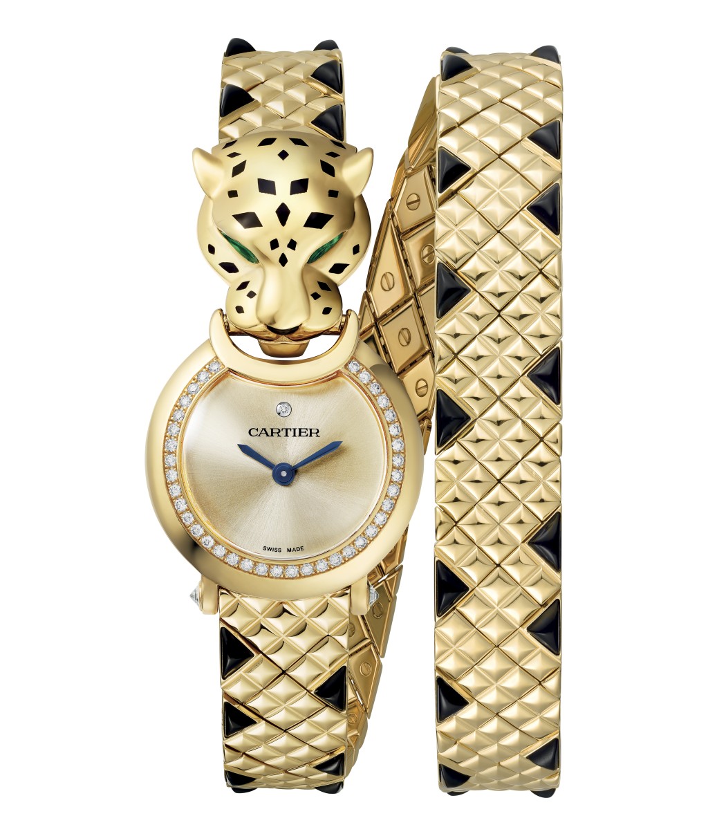 Panthère de Cartier美洲豹黃金腕表，鑲嵌圓形明亮式切割鑽石、沙弗莱石、黑色尖晶石及黑色真漆，搭載石英機芯。（$465,000）