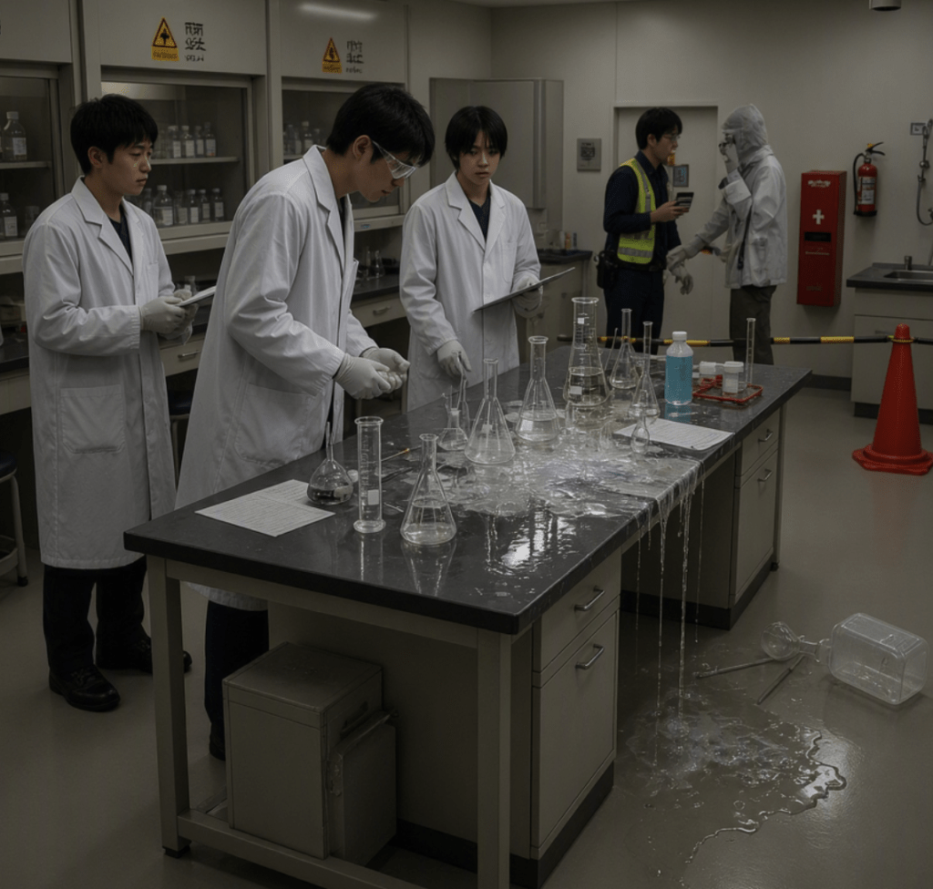 一名男研究生周四(27日)早上在札幌校園理學部大樓內,遭有「化骨水」之稱的氫氟酸淋中死亡。AI生成圖 一名男研究生周四(27日)早上在札幌校園理學部大樓內,遭有「化骨水」之稱的氫氟酸淋中死亡。AI生成圖