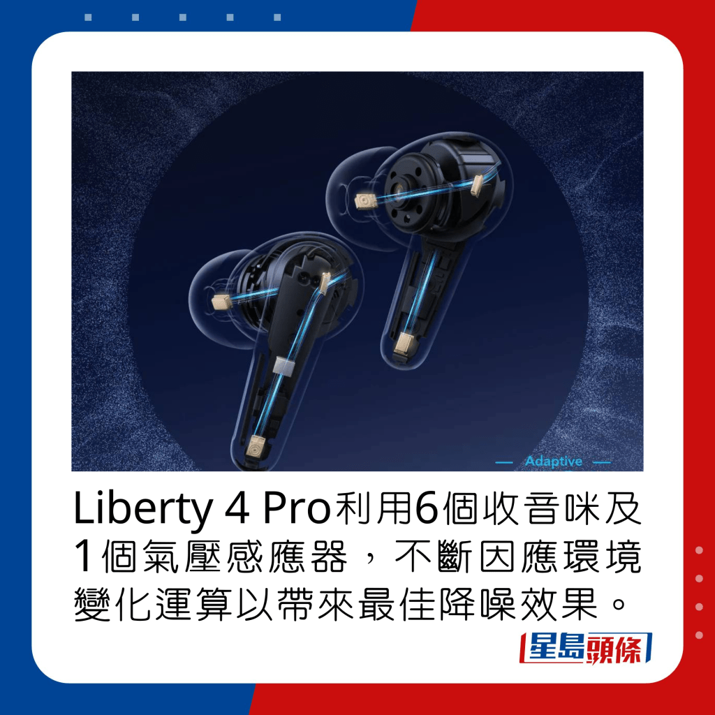 Liberty 4 Pro利用6个收音咪及1个气压感应器，不断因应环境变化运算以带来最佳降噪效果。