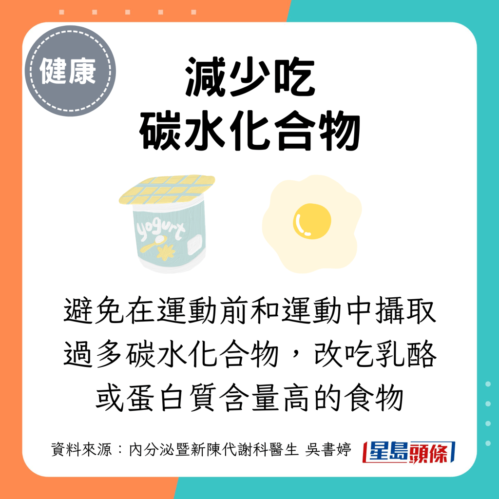 避免在運動前和運動中攝取過多碳水化合物，改吃乳酪或蛋白質含量高的食物