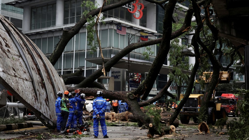吉隆坡市中心倒塌的大樹分支擋住多條行車道。 路透社