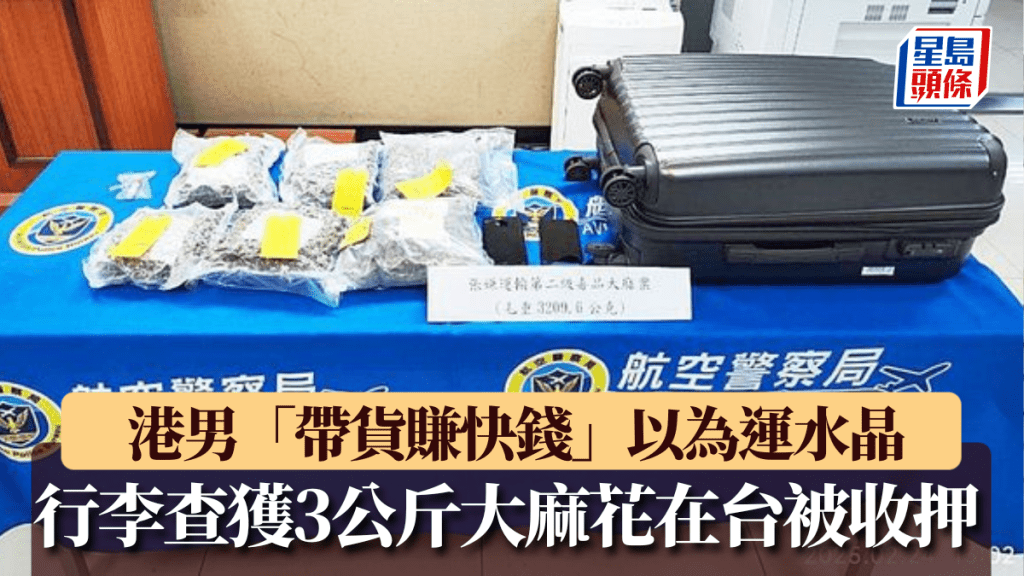 港男「帶貨賺快錢」至台灣，行李查獲3公斤大麻花被收押。 台航警局