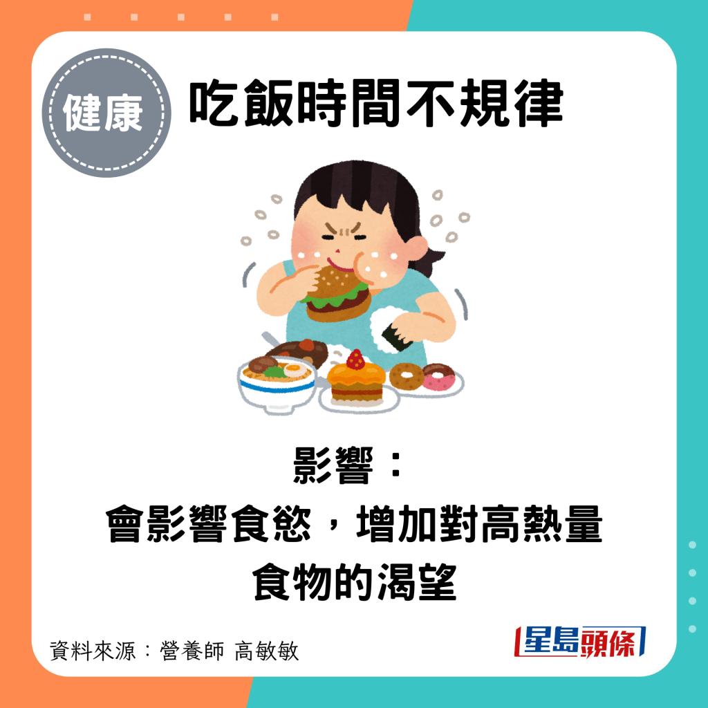 吃饭时间不规律：影响： 会影响食欲，增加对高热量食物的渴望