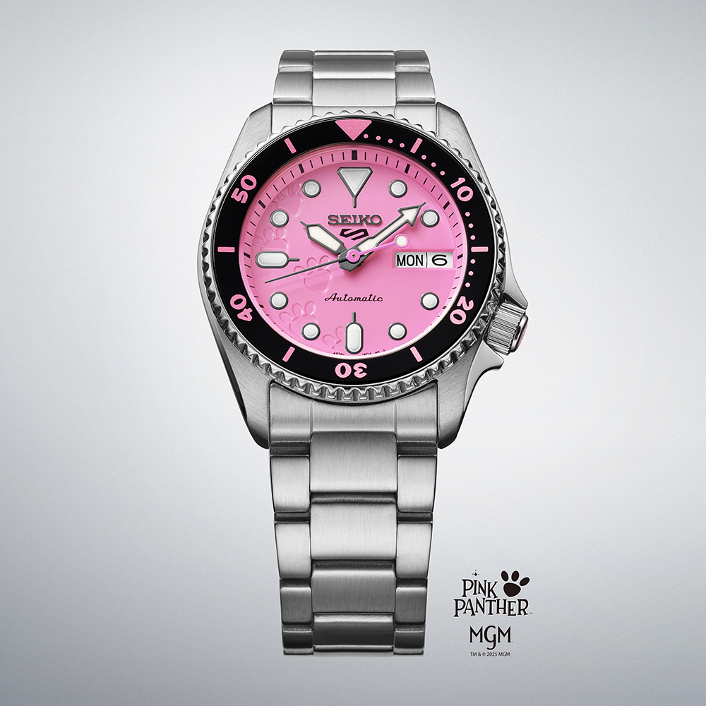 Seiko 5 Sports × Pink Panther SRPM07K1,表壳:38mm不锈钢/ 机芯:4R36自动/ 限量:9,999枚/ 售价:$3,580。 Seiko 5 Sports × Pink Panther SRPM07K1,表壳:38mm不锈钢/ 机芯:4R36自动/ 限量:9,999枚/ 售价:$3,580。
