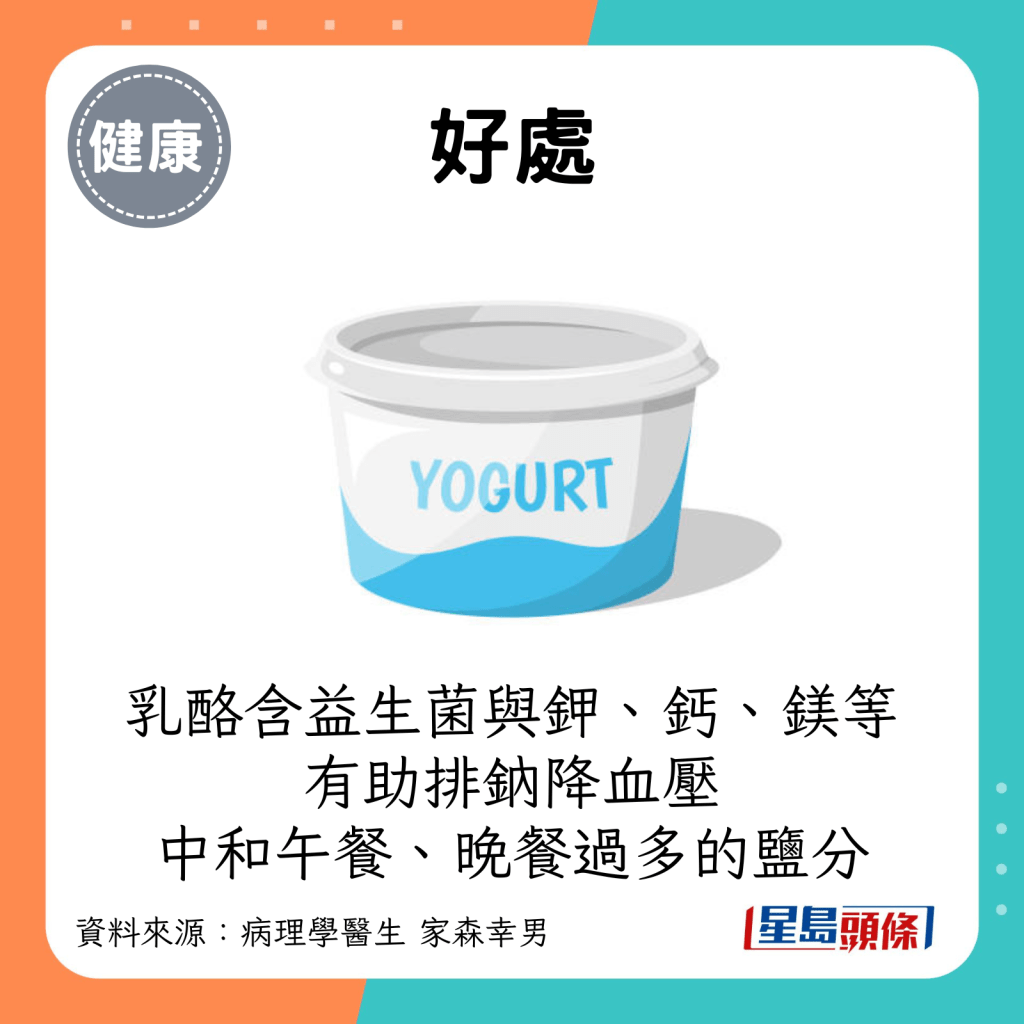 好处：乳酪含益生菌与钾、钙、镁等矿物，有助排钠降血压，中和午餐、晚餐过多的盐分。