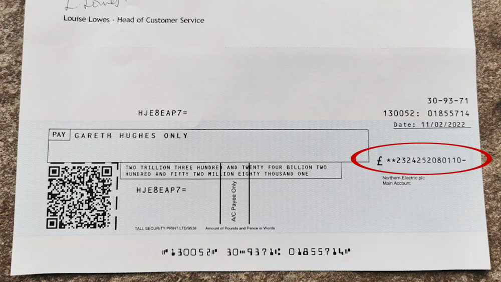 電錶號碼當金額，英國電力公司寄出數兆英鎊賠償支票。網圖