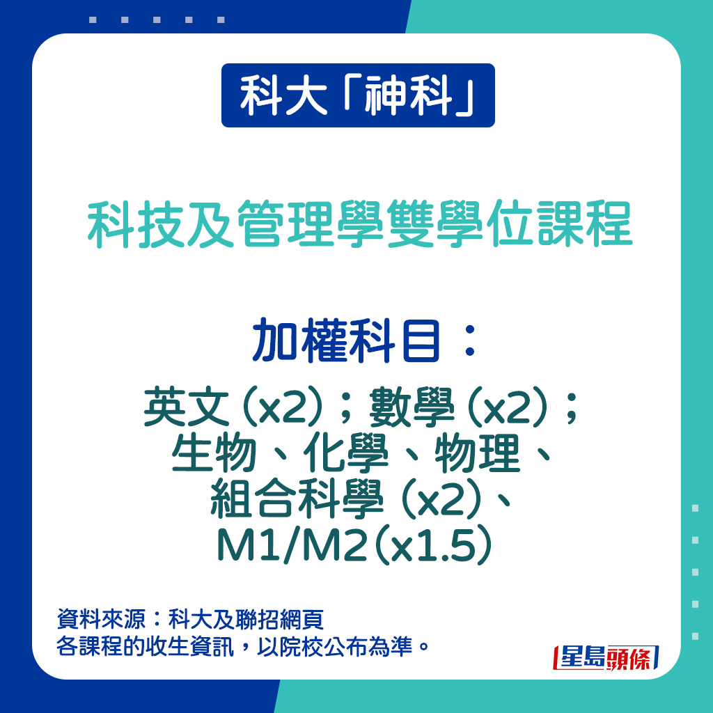 科技及管理學雙學位課程的加權科目。