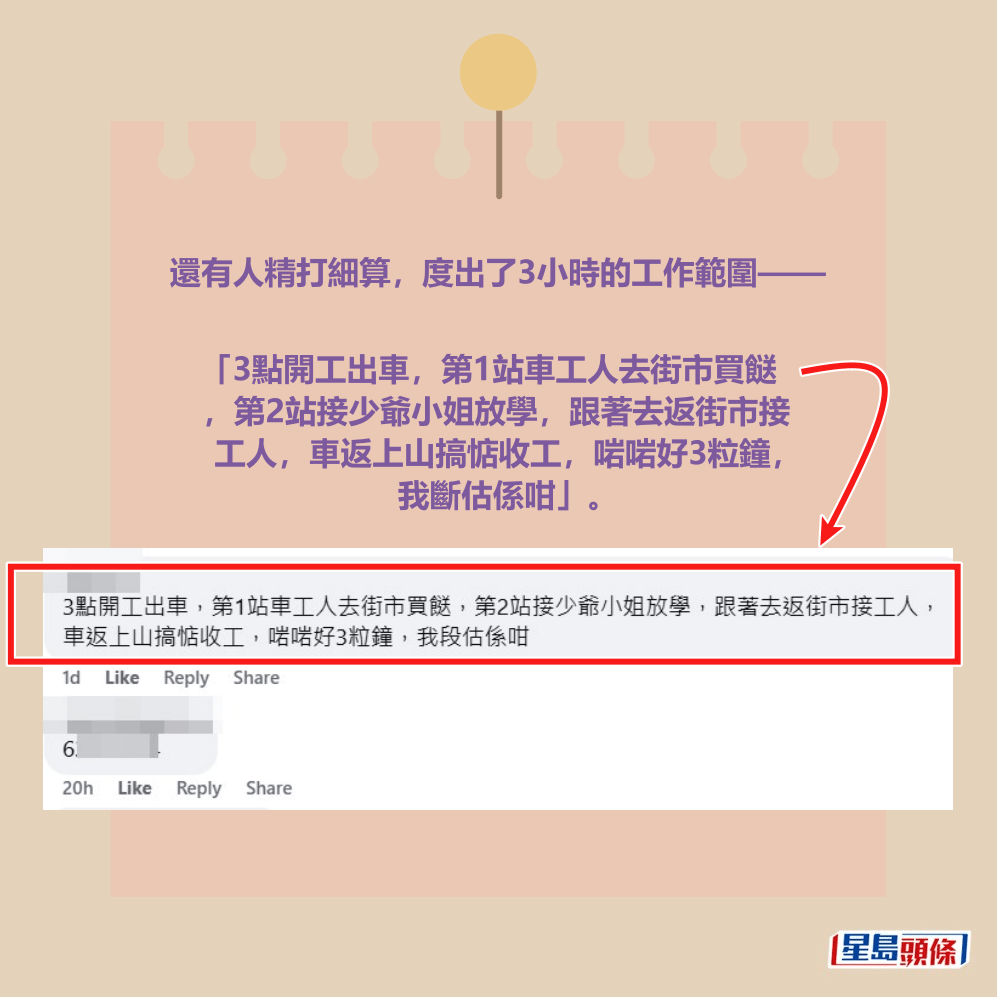 還有人精打細算,度出了3小時的工作範圍——「3點開工出車,第1站車工人去街市買餸,第2站接少爺小姐放學,跟著去返街市接工人,車返上山搞惦收工,啱啱好3粒鐘,我斷估係咁」。fb「香港私人司機.公司司機.討論.招聘」截圖 還有人精打細算,度出了3小時的工作範圍——「3點開工出車,第1站車工人去街市買餸,第2站接少爺小姐放學,跟著去返街市接工人,車返上山搞惦收工,啱啱好3粒鐘,我斷估係咁」。fb「香港私人司機.公司司機.討論.招聘」截圖