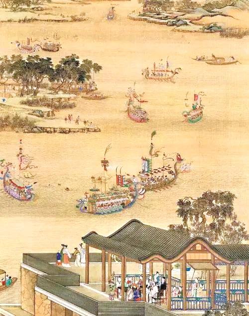 清宮廷畫家郎世寧《雍正十二月行樂圖》之五月競舟(局部),描繪龍舟競賽的情景。 故宮博物院藏 清宮廷畫家郎世寧《雍正十二月行樂圖》之五月競舟(局部),描繪龍舟競賽的情景。 故宮博物院藏