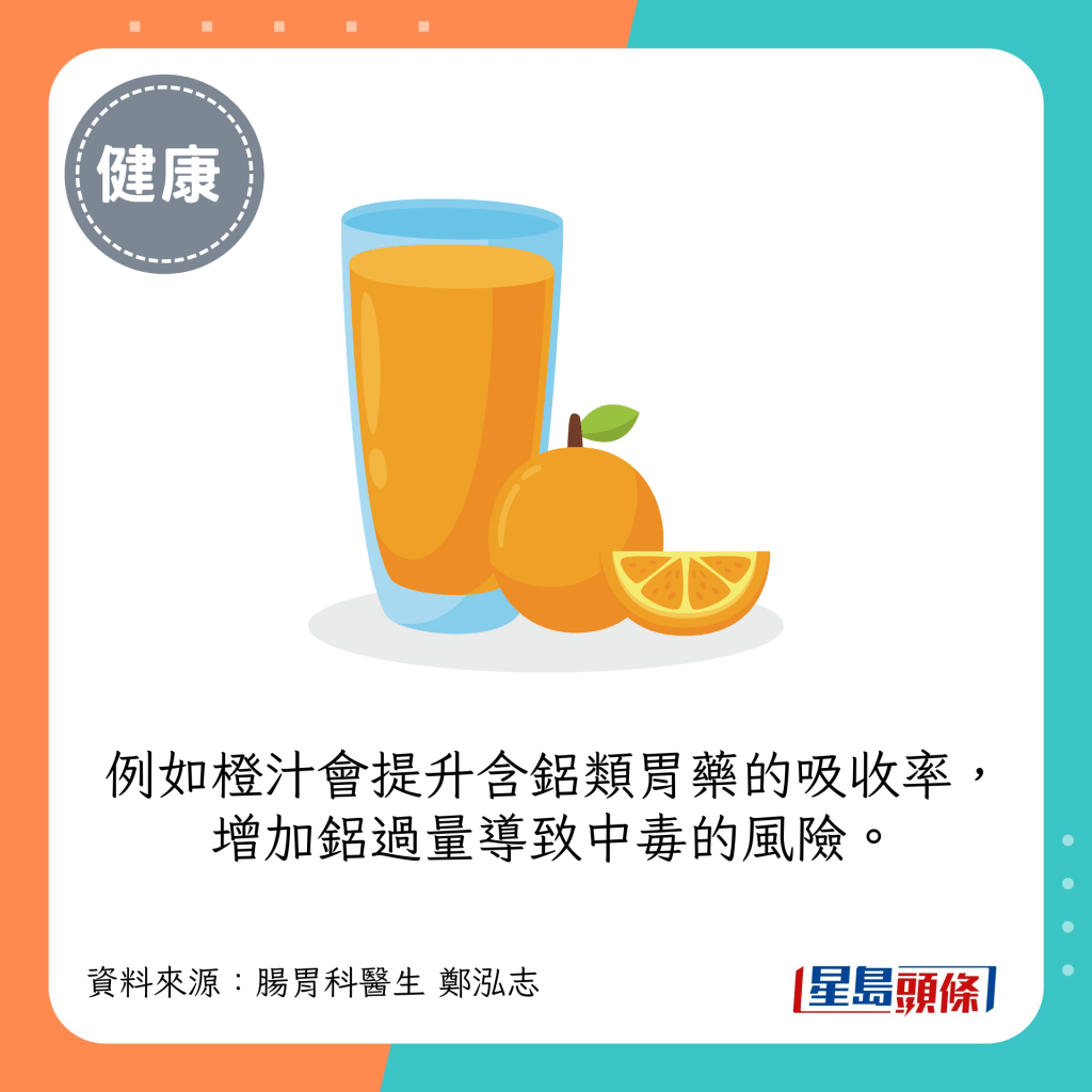 例如橙汁会提升含铝类胃药的吸收率，增加铝过量导致中毒的风险。