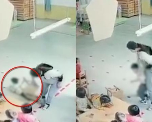 女老師發現後,將男童徒手拿起再扔到地上。網圖