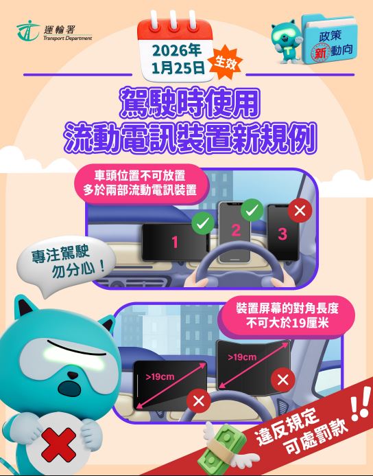 明年1月25日起，任何司機駕駛時不可在前方放置多於兩部流動電訊裝置。政府新聞處