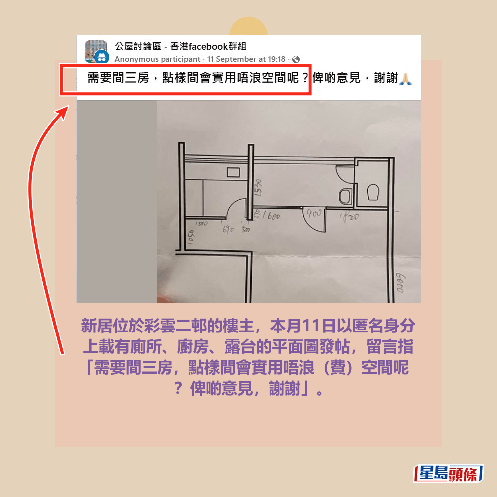 新居位於彩雲二邨的樓主，本月11日以匿名身分 上載有廁所、廚房、露台的平面圖發帖，留言指 「需要間三房，點樣間會實用唔浪（費）空間呢 ？俾啲意見，謝謝」。fb「公屋討論區 - 香港facebook群組」截圖
