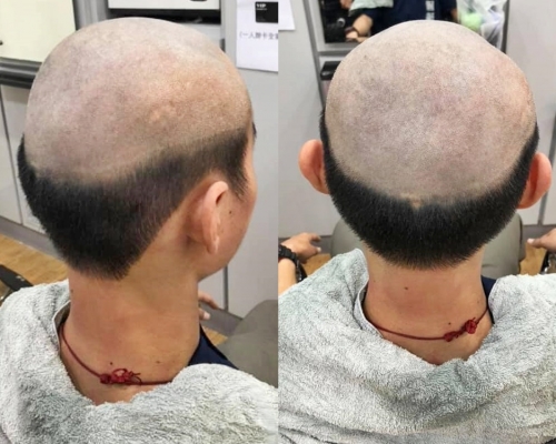 台媽為了讓孩子不要出門,竟拜訪髮型師剪了一個奇怪的髮型。FB群組「高雄五甲大小事」圖片