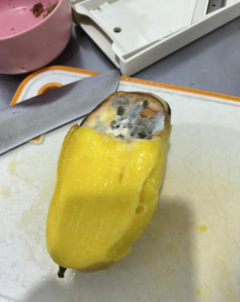 谨食门店,一颗用于制作燕麦酸奶的芒果已发霉。 红星新闻 谨食门店,一颗用于制作燕麦酸奶的芒果已发霉。 红星新闻