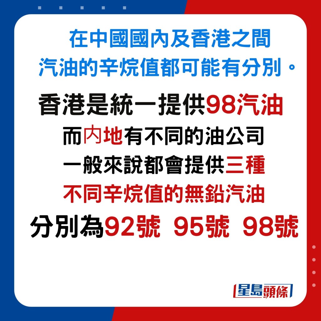 在中國國內及香港之間 汽油的辛烷值都可能有分別。