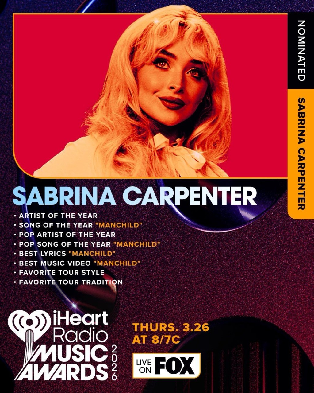 Sabrina Carpenter入围年度艺人、年度歌曲等8大奖。