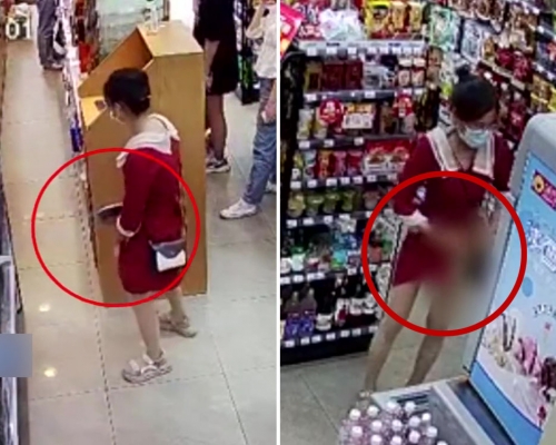 女子超市盜竊將商品塞入裙底。（影片截圖）