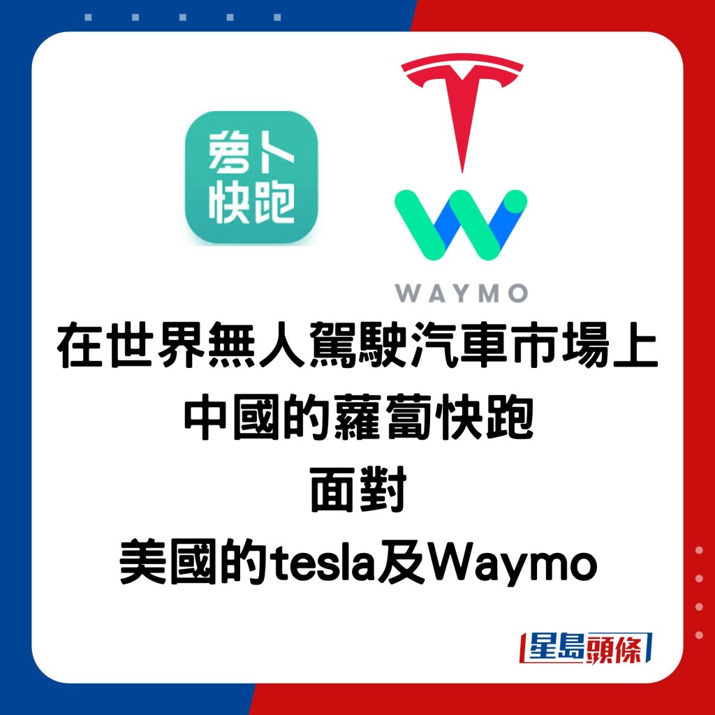 在世界无人驾驶汽车市场上 中国的萝卜快跑 面对 美国的tesla及Waymo