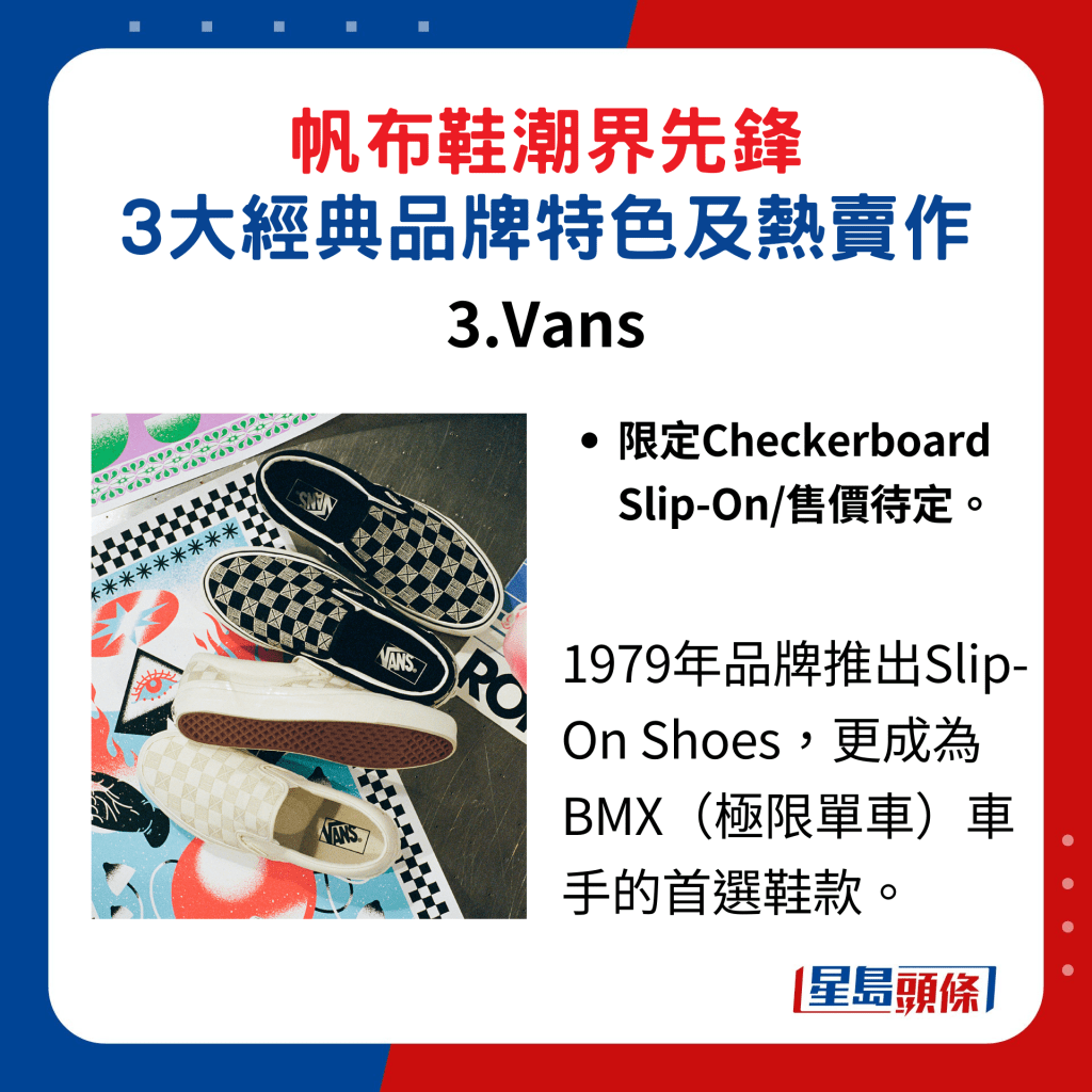 帆布鞋潮界先鋒，3大經典品牌特色及熱賣作3. Vans：限定Checkerboard Slip-On/售價待定， 1979年品牌推出Slip-On Shoes，更成為BMX（極限單車）車手的首選鞋款。