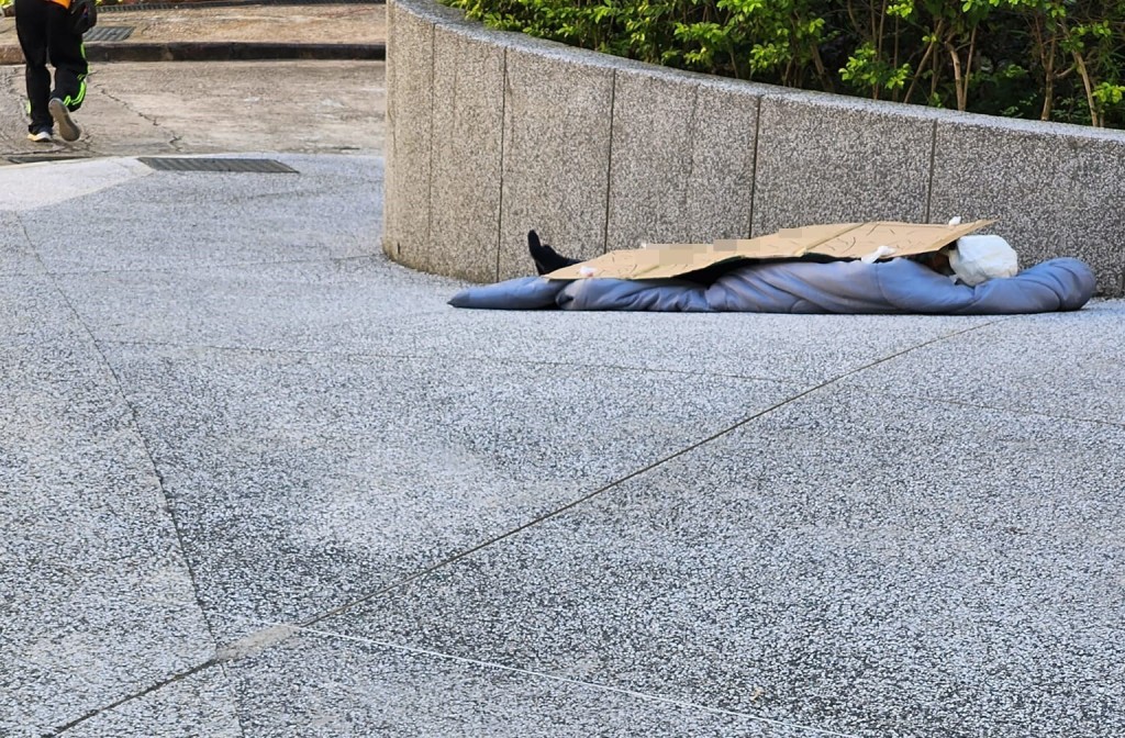 老妇盖著写有抗议字句的纸皮，席地睡于蓝色垫褥上。网上截图