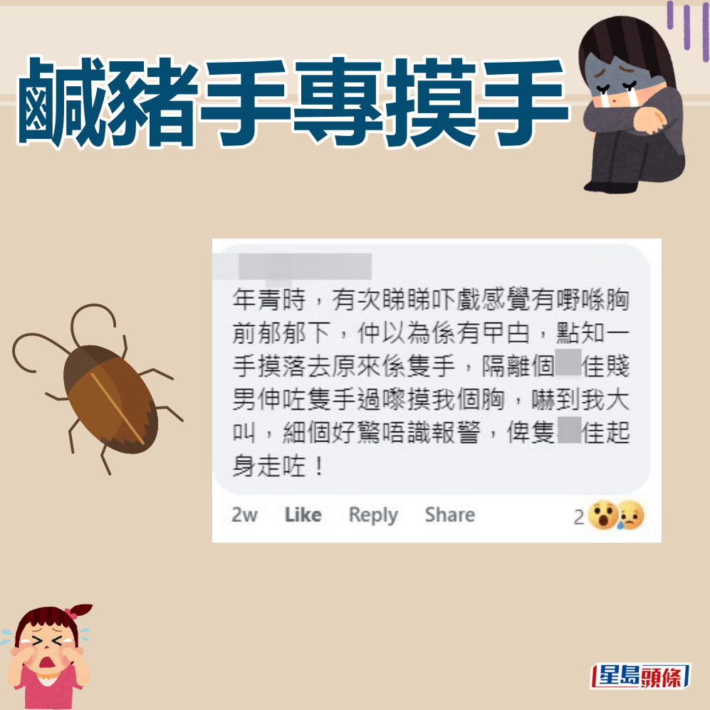 港女大膽重提曾在睇戲時慘遭胸襲，指感覺似「有曱甴」。FB截圖