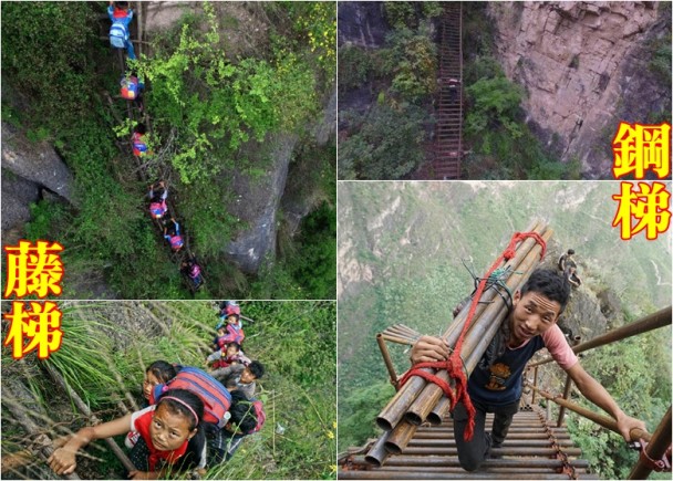 以前村民出入要順著懸崖攀爬17條幾乎垂直的藤梯。 (左)；前年，村民建成了一條用鋼管打造的「鋼梯」，方便村民出入。  (右) 網上圖片