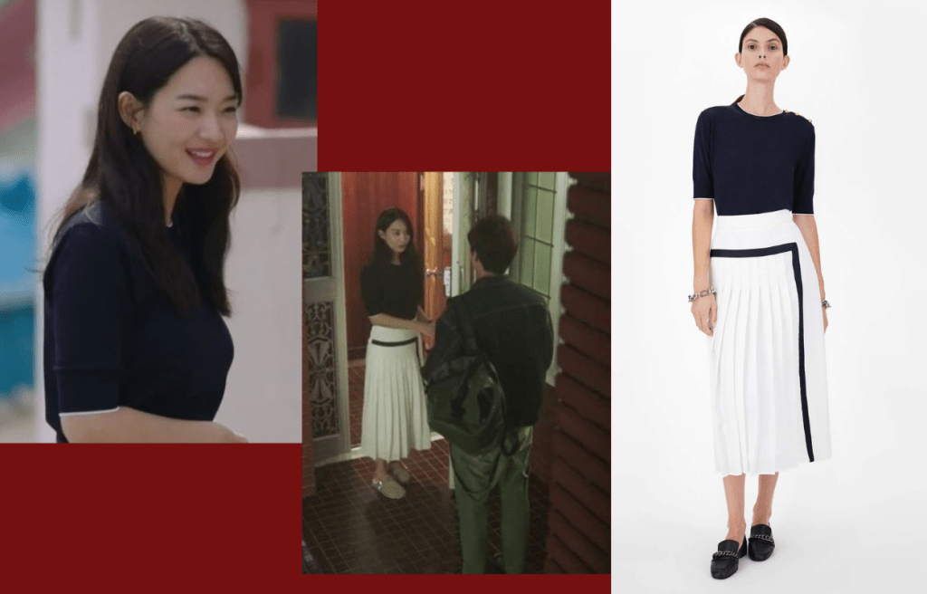剛推出全新韓劇《海岸村恰恰恰》的韓國女神申敏兒，於劇中選穿了品牌的黑色羊毛針織上衣及白色絲質百褶半截裙。