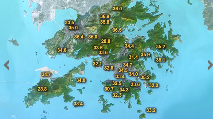 今日各區最高氣溫。天文台網頁