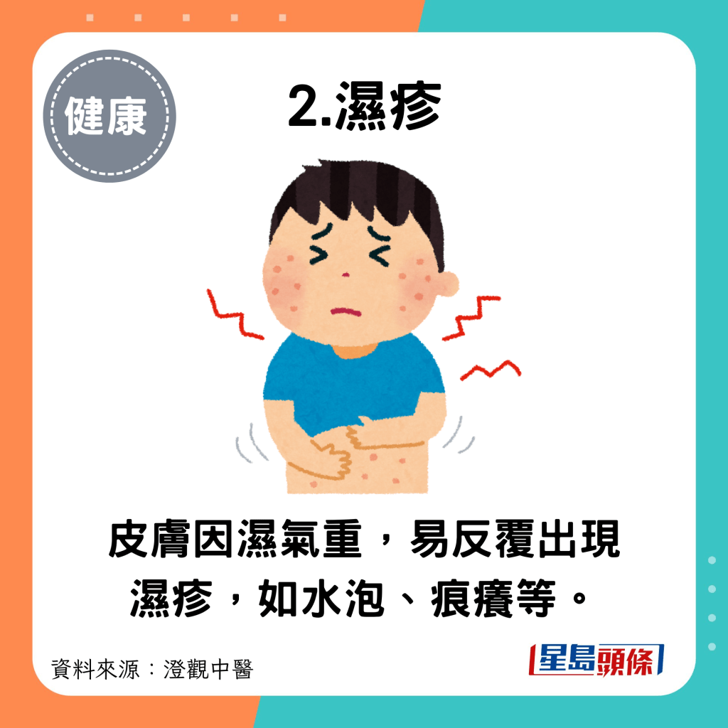 2.濕疹：皮膚因濕氣重，易反覆出現濕疹，如水泡、痕癢等。