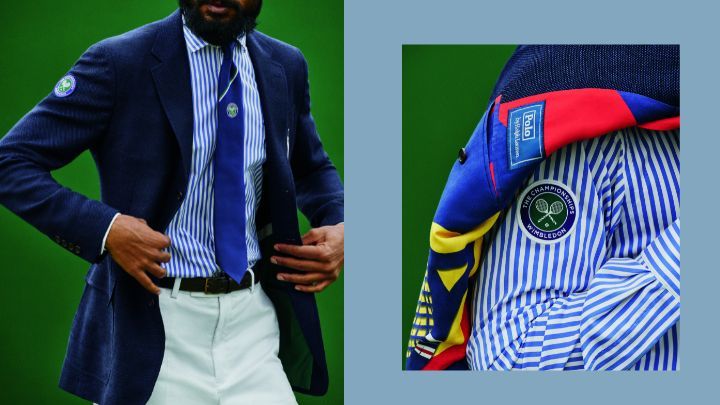 裁判的西裝外套以Ralph Lauren設計的奪目溫布頓紀念印花為襯裡，另飾有Polo Ralph Lauren及溫布頓的標誌，配搭以再生物料縫製的寬闊Bengal條紋裇衫，以及型格的白色長褲。