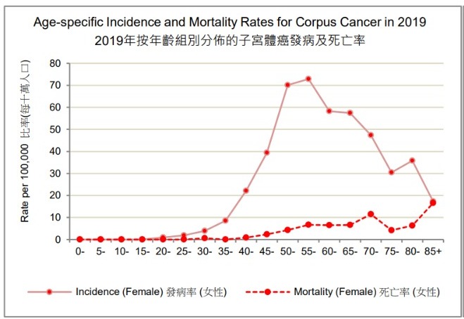 2019年按年齡組別分佈的子宮體癌發病及死亡率（截圖來源：香港癌症資料統計中心）