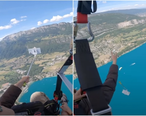 美國女遊客玩飛行傘，換手時不幸將手機從5000多呎高空跌下。影片截圖