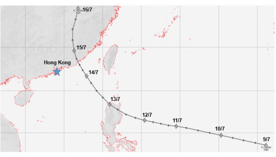 1925年7月9日至16日影響普慶坊山泥傾瀉的熱帶氣旋路徑。天文台圖片 1925年7月9日至16日影響普慶坊山泥傾瀉的熱帶氣旋路徑。天文台圖片
