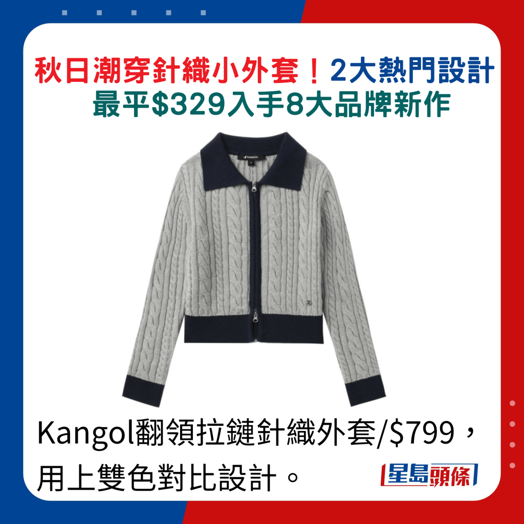 Kangol翻領拉鏈針織外套/$799，用上雙色對比設計。