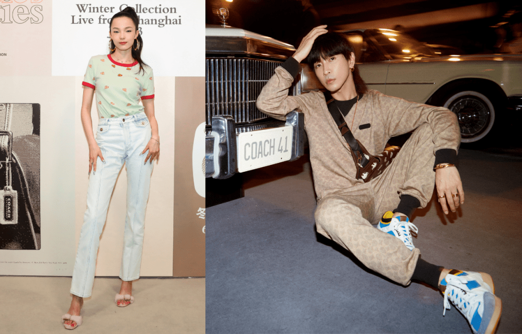 中国超模雎晓雯(左)是时装骚的座上客,她以蜗牛图案T恤配牛仔裤,衬以紫色毛毛高跟凉鞋,休闲又不失贵格。同样是座上客的内地炙手可热潮人韩火火,则以品牌冬新装衬以Crossbody Bag及运动鞋,演绎动感的时尚型格。