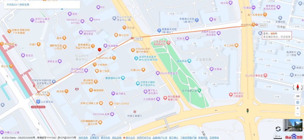 地圖一：美食街距深圳地鐵紅山站D1出口約600米。百度地圖