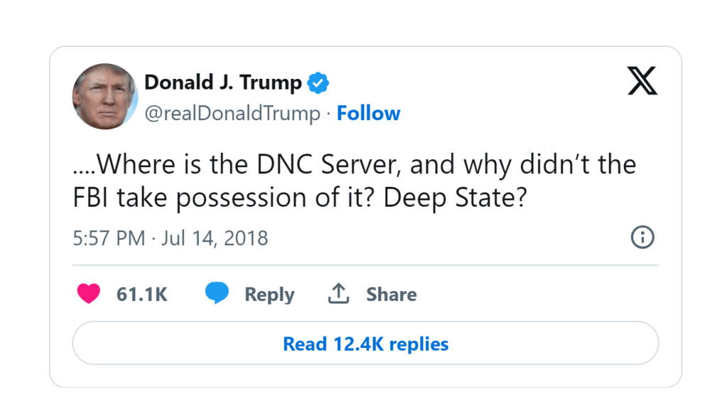 特朗普曾在Twitter（現稱X）質疑民主黨全國委員會（DNS）隱藏伺服器，掩飾干預2016年選舉真相。