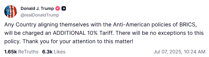 「任何支持金磚國家反美政策的國家，將被加徵10%的額外關稅。此政策沒有任何例外」