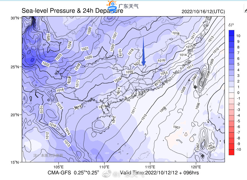17日前後受新一輪冷空氣及熱帶系統影響，氣壓北高南低下，廣東省海陸風力加大。廣東氣象台圖片