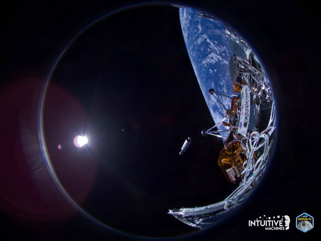 2024年2月16日，奥德修斯号成功火箭二级分离后不久拍摄的首批图像传回地球。Intuitive Machines 
