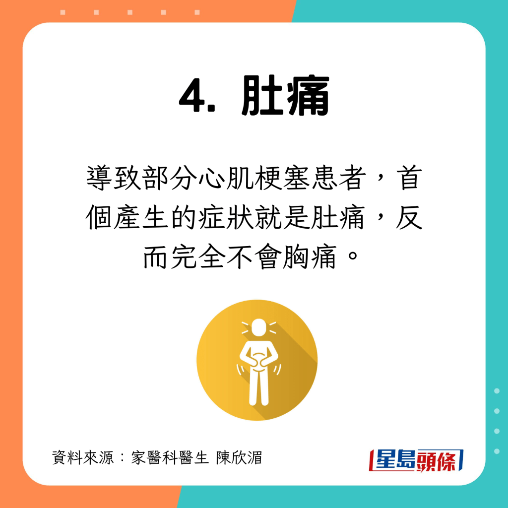 部分心肌梗塞患者产生的首个症状就是肚痛，反而可能完全没有胸痛。