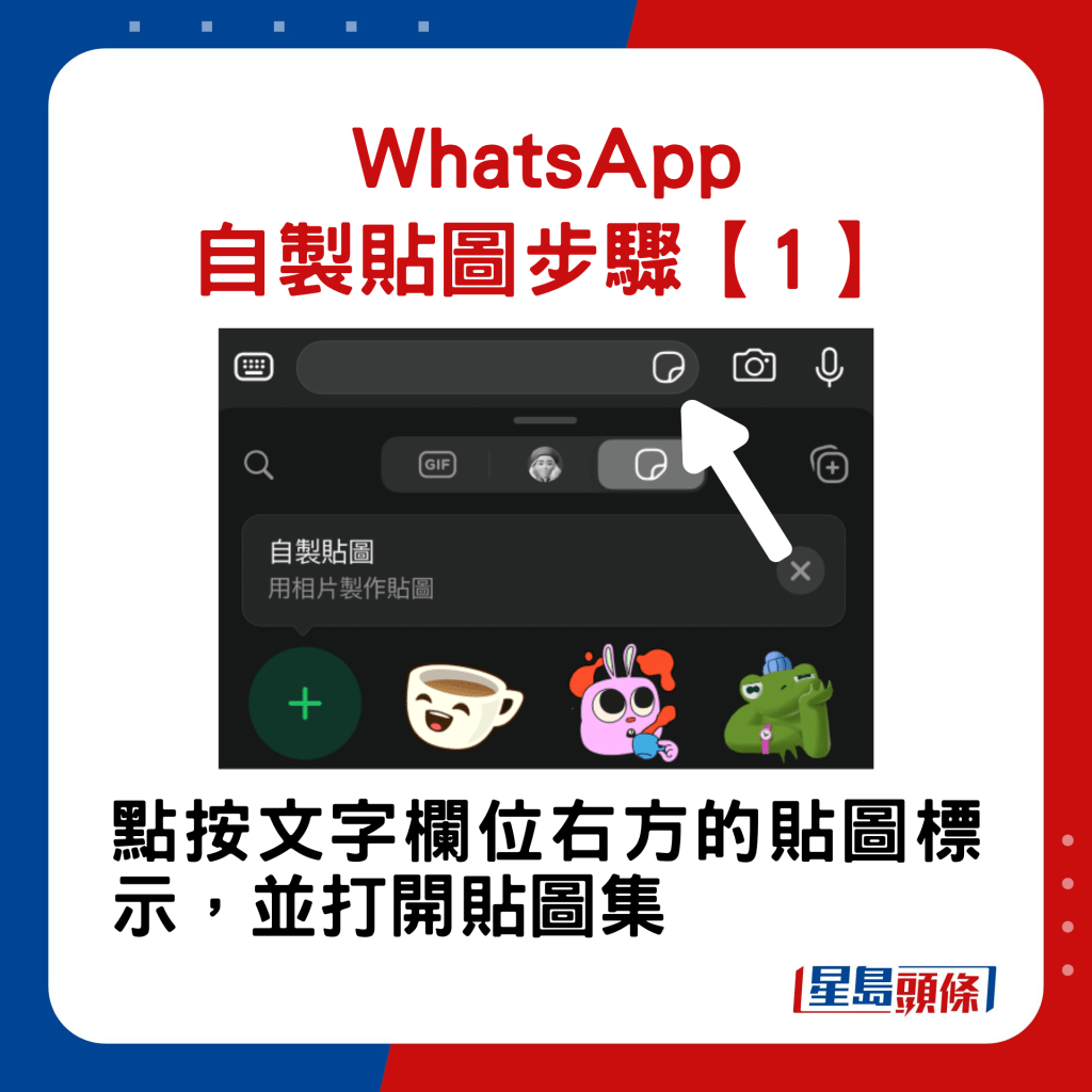 WhatsApp自制贴图步骤1. 点按文字栏位右方的贴图标示，并打开贴图集