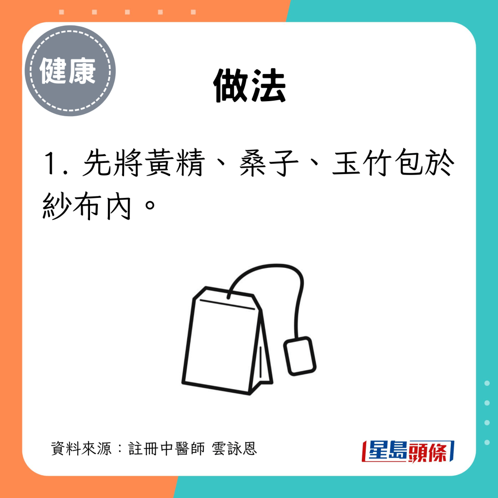 做法：1. 先將黃精、桑子、玉竹包於紗布內。