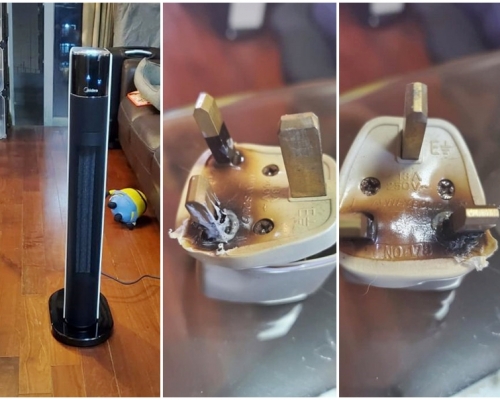有網民近日在淘寶購買了一部冷暖風機，使用期間疑因火數太大，引致插頭冒出火光，嚴重燒黑及燒熔。網圖