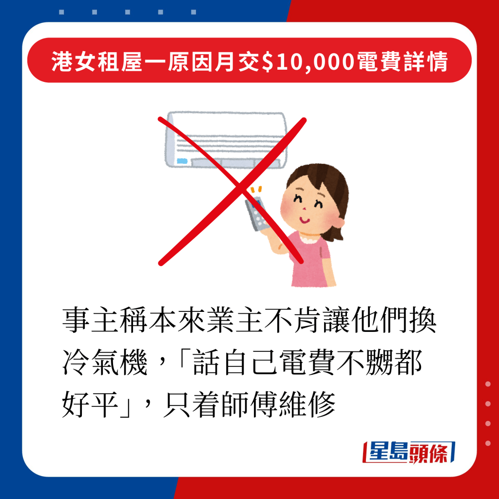 事主稱本來業主不肯讓他們換冷氣機，「話自己電費不嬲都好平」」，只着師傅維修