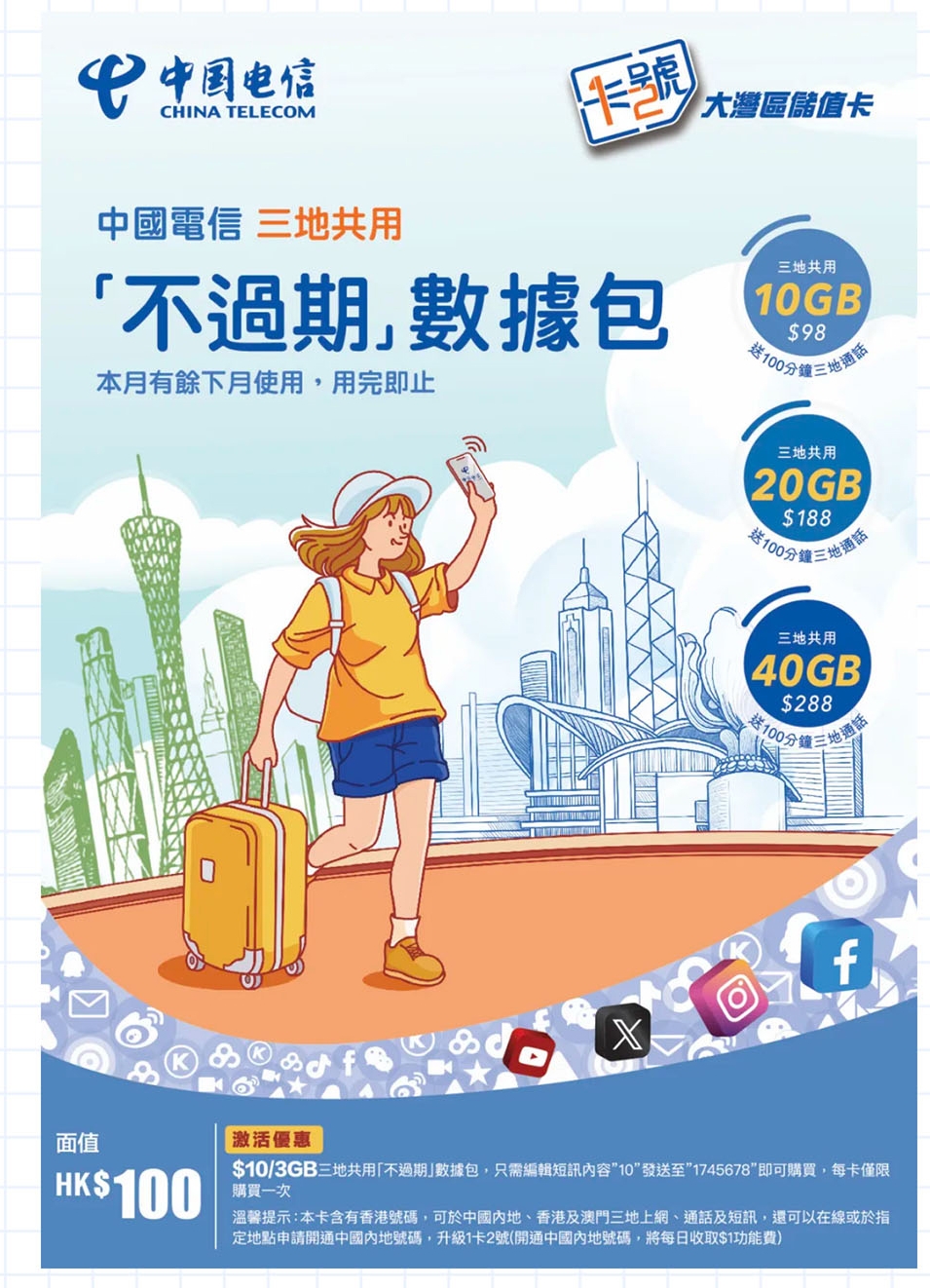 「前海2024－大湾区储值卡」推出线上7折特价优惠（原价$100）（图片来源：中国电信香港网站截图）