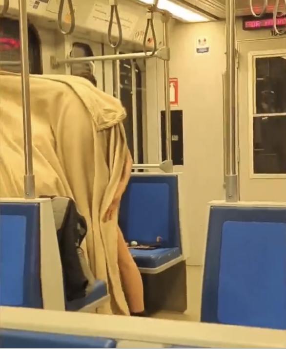 加拿大轻轨列车上演活春宫，毛毯下诡异露出大腿。 网片截图 