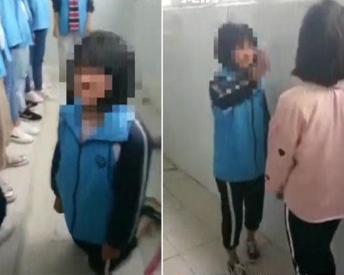 湖南中学生纠集多人让女同学下跪，并和另一女孩互相掌掴。（网图）