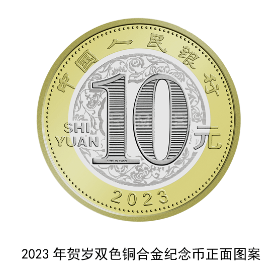 双色铜合金纪念币：正面图案为“中国人民银行”、“10元”字样，汉语拼音字母“SHIYUAN”及年号“2023”，底纹衬以团花图案。网图
